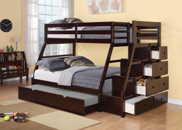 98" X 56" X 65" Espresso Pine Wood Bunk Bed (Twin/Full) With Trundle N270-286561