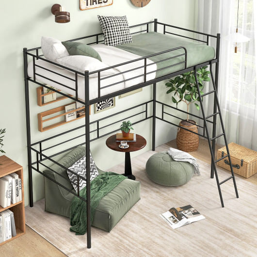 Twin Size Loft Bed Metal Bed Frame with Ladder and Guardrails-Black B593-HU10825