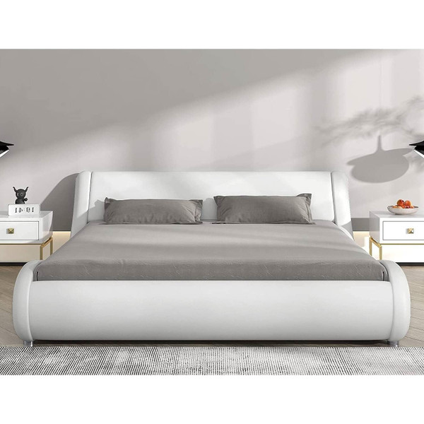 Queen Modern White Faux Leather Upholstered Platform Bed Frame with Headboard Q280-SCLQUBW22596913
