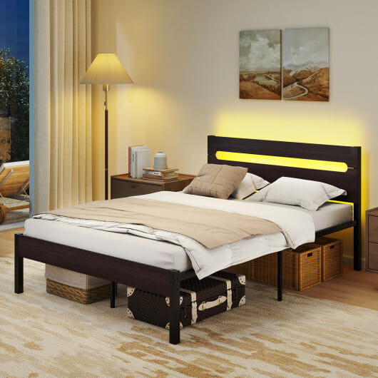 Heavy-Duty Metal Slats Support Bed Platform with Charging Station-Walunt - Color: Walnut D681-HU11120US-BN