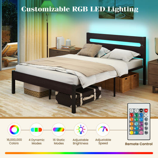 Heavy-Duty Metal Slats Support Bed Platform with Charging Station-Walunt - Color: Walnut D681-HU11120US-BN