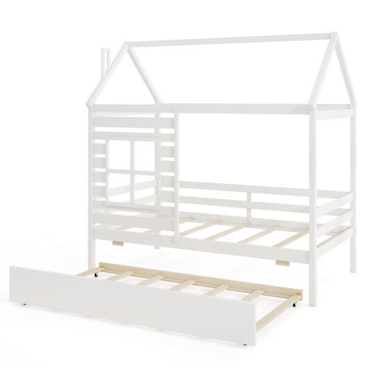 Twin Size Wooden Platform House Bed with Trundle and Roof-White - Color: White D681-HU11028WH