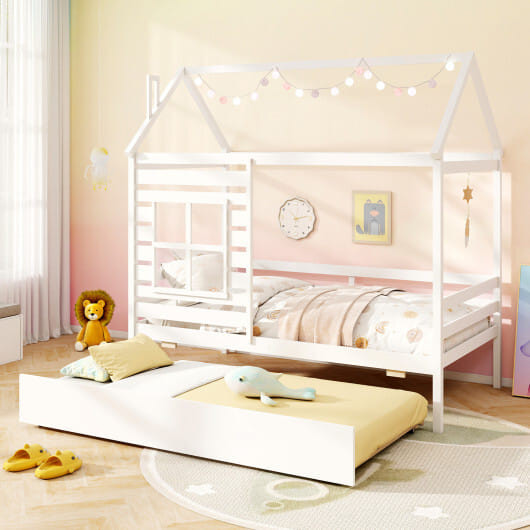 Twin Size Wooden Platform House Bed with Trundle and Roof-White - Color: White D681-HU11028WH