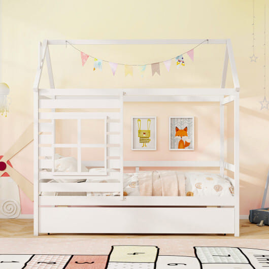 Twin Size Wooden Platform House Bed with Trundle and Roof-White - Color: White D681-HU11028WH