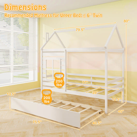 Twin Size Wooden Platform House Bed with Trundle and Roof-White - Color: White D681-HU11028WH