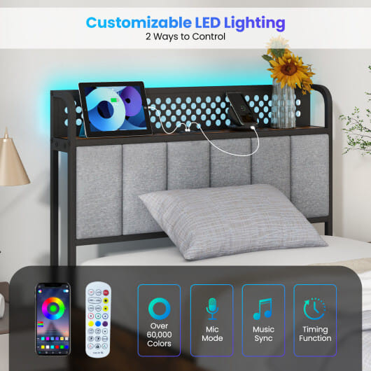 Twin/Full/Queen Bed Frame with LED Lights  Upholstered Headboard and 4 Storage Drawers-Twin size -  D681-HU10738GR-T