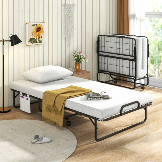 Twin Size Rollaway Guest Folding Bed with Pillow and Cover - Color: Black - Size: Twin Size D681-HU10829