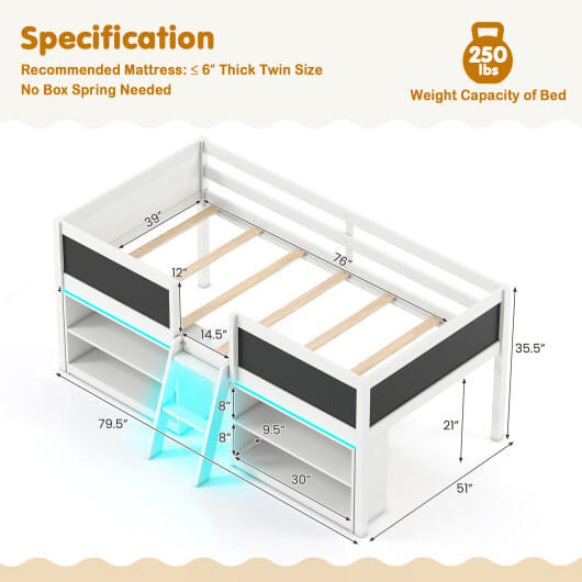 Low Loft Bed with LED Lights Kid's Cabin Bed with Bookcases-White - Color: White D681-HU11150WH