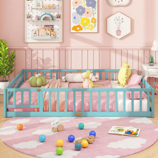 Queen Size Floor Bed Kids Montessori Bed Frame with Full Length Safety Guardrails-Dark Green - Colo D681-HU11255SL-Q