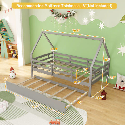 Twin House Bed with Trundle and Fence Rail-Gray B593-HU10797-T