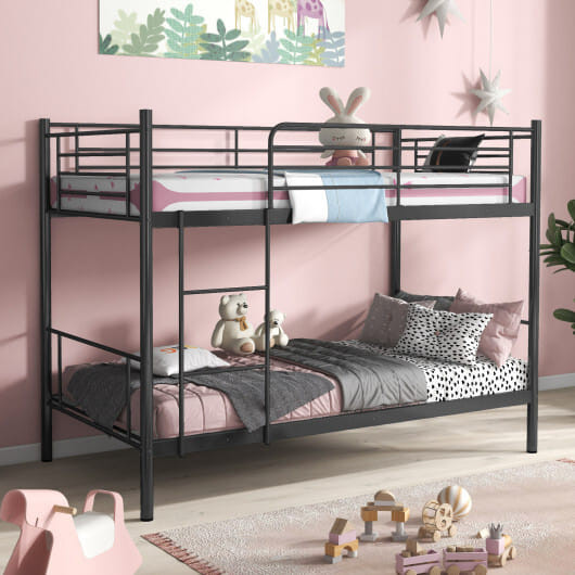 Metal Bunk Bed with Ladder and Full-length Guardrails-Black - Color: Black D681-HU10495DK-T