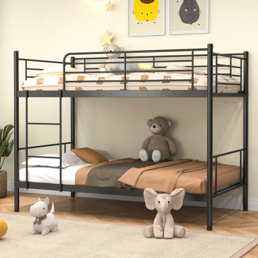 Metal Bunk Bed with Ladder and Full-length Guardrails-Black - Color: Black D681-HU10495DK-T
