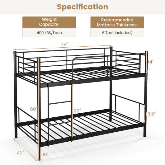 Metal Bunk Bed with Ladder and Full-length Guardrails-Black - Color: Black D681-HU10495DK-T