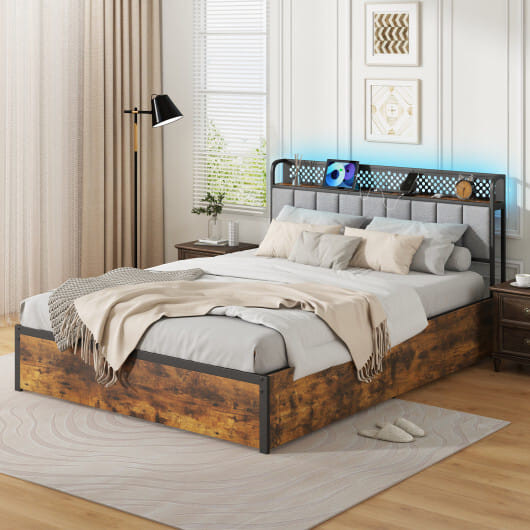 Twin/Full/Queen Bed Frame with LED Lights  Upholstered Headboard and 4 Storage Drawers-Queen Size - D681-HU10738GR-Q