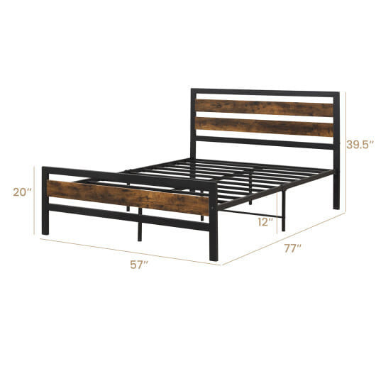 Full/Queen Industrial Bed Frame with Rustic Headboard and Footboard-Full Size - Color: Rustic Brown D681-HU10461DK-F