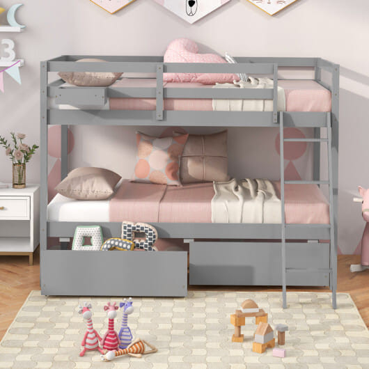 Twin Over Twin Bunk Bed Wood Bed Frame with 2 Storage Drawers and Ladder-Gray B593-HU10645+