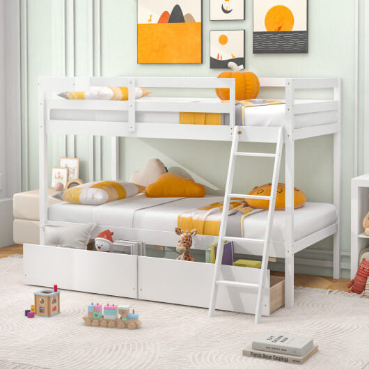 Twin Over Twin Bunk Bed Wood Bed Frame with 2 Storage Drawers and Ladder-Gray B593-HU10645+