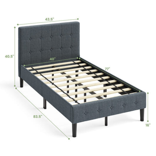 Platform Bed with Button Tufted Headboard-Gray - Color: Gray - Size: Twin Size D681-HU10493GR