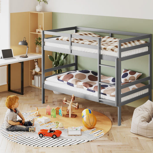 Twin Size Sturdy Wooden Bunk Beds with Ladder and Safety Rail-Gray - Color: Gray - Size: Twin Size D681-HW62351GY