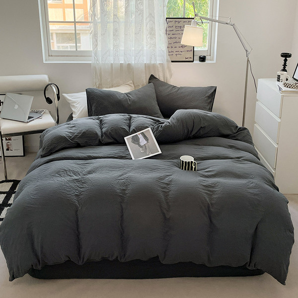 Color: Blue Gray, Size: 1.5m 4PCs Quilt Cover 180x220 - Solid Color Super Soft Washed Cotton Bed Fo Q119-CJCS244183116PK