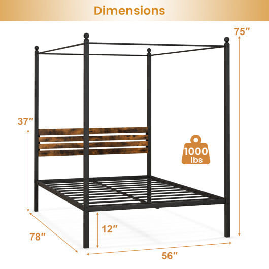 Queen Size Canopy Bed Frame with Under Bed Storage-Full Size - Color: Rustic Brown - Size: Full Size D681-HU10588CF-F