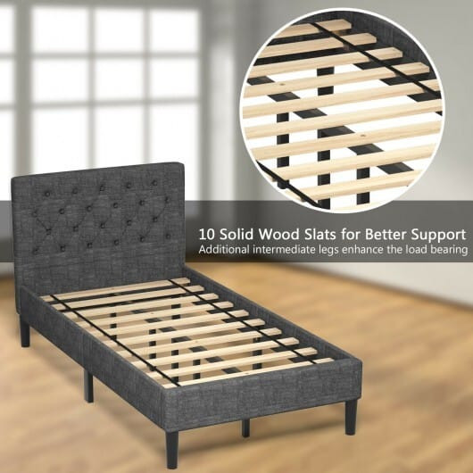Upholstered Bed Base with Button Stitched Headboard - Color: Black - Size: Twin Size D681-HU10018
