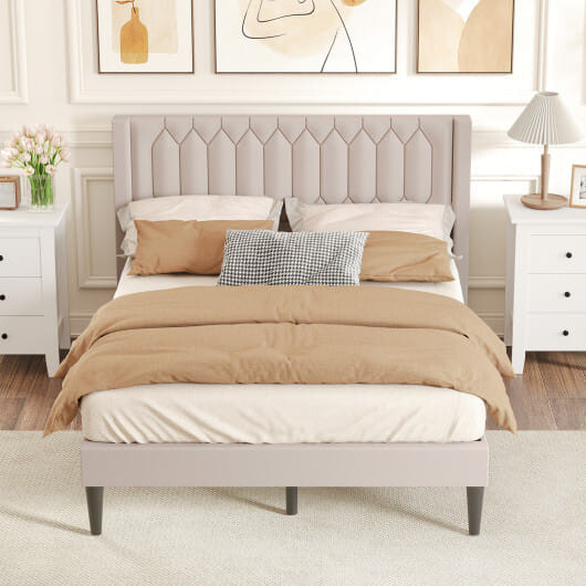Queen Size Dutch Velvet/Linen Fabric Upholstered Platform Bed with Wingback Headboard and Wooden Sl D681-HU11284BE-Q