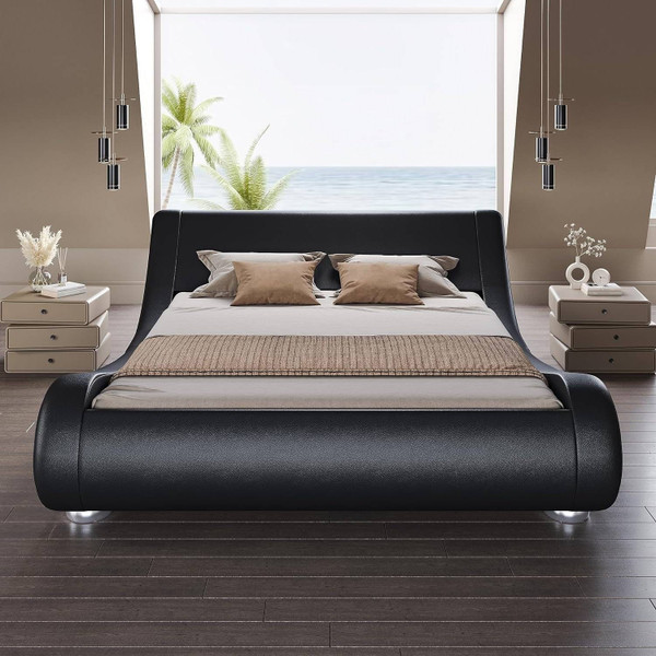 Queen Modern Black Upholstered Platform Bed Frame with Sleigh Curved Headboard Q280-QBLSCLUB26958713