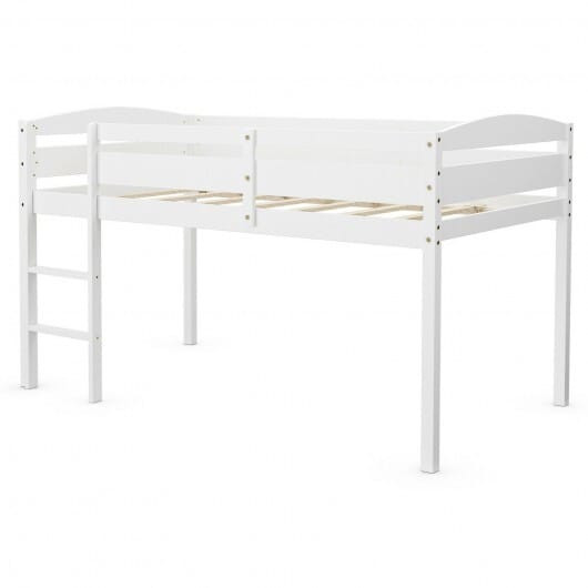 Wooden Twin Low Loft Bunk Bed with Guard Rail and Ladder-White - Color: White - Size: Twin Size D681-HW66935WH