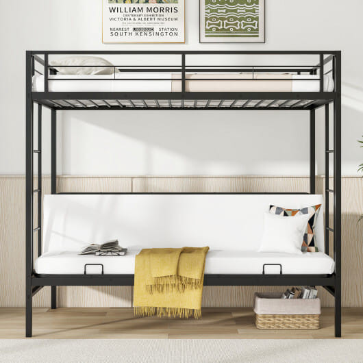 Twin Over Futon Bunk Bed with 2 Ladders and Safety Guardrails-Black - Color: Black D681-HU10843DK-T