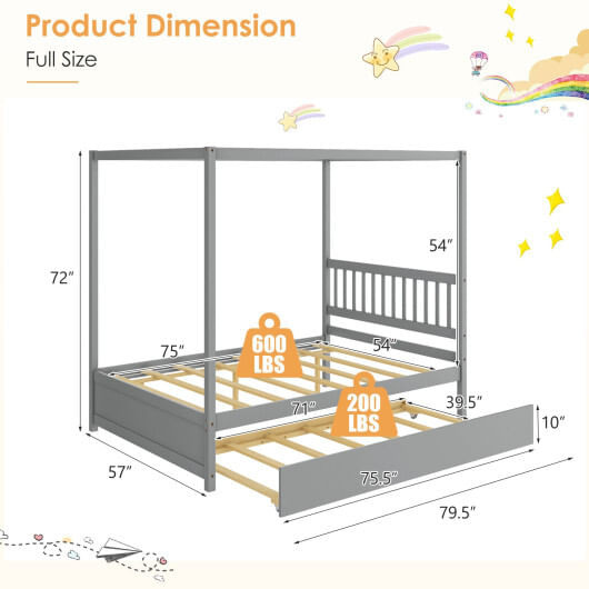Full Size Canopy Bed with Trundle Wooden Platform Bed Frame Headboard-White B593-HU10293