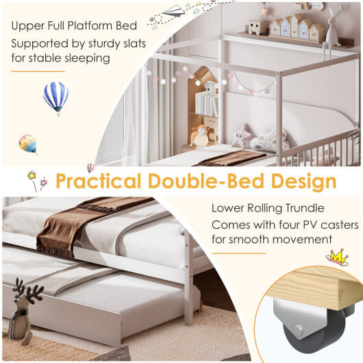 Full Size Canopy Bed with Trundle Wooden Platform Bed Frame Headboard-White B593-HU10293
