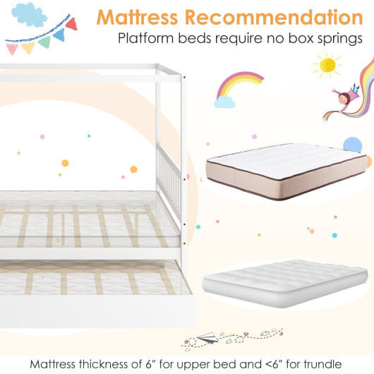 Full Size Canopy Bed with Trundle Wooden Platform Bed Frame Headboard-White B593-HU10293
