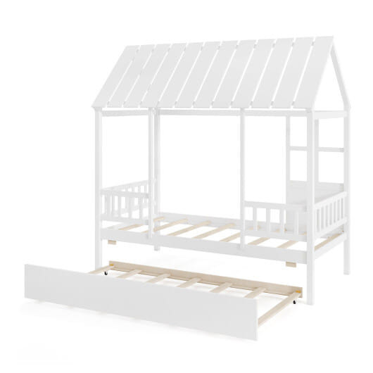 Twin Size House Bed with Trundle Kids Platform Bed with Roof Window-White - Color: White D681-HU11128WH