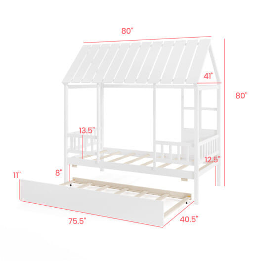 Twin Size House Bed with Trundle Kids Platform Bed with Roof Window-White - Color: White D681-HU11128WH