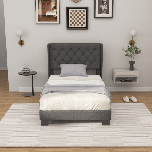 Twin/Full/Queen Size Upholstered Platform Bed with Button Tufted Headboard-Twin Size - Color: Gray  D681-HU10494-T