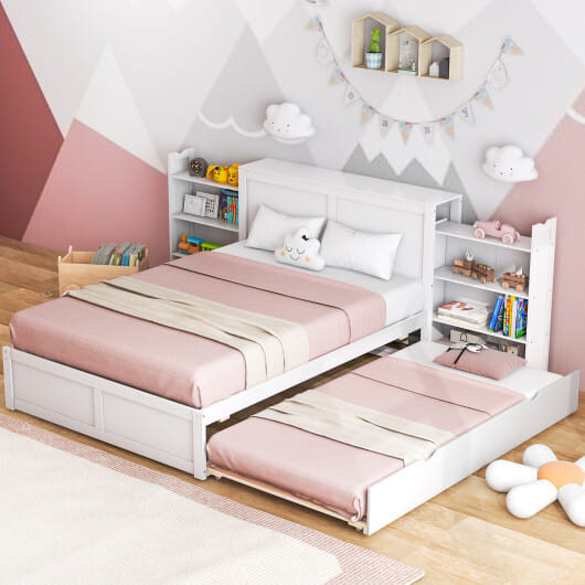 Twin/Full Kids Wooden Platform Bed with Trundle Storage Headboard-Full Size - Color: White - Size:  D681-HU10536WHF+