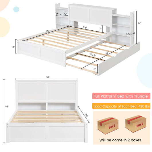 Twin/Full Kids Wooden Platform Bed with Trundle Storage Headboard-Full Size - Color: White - Size:  D681-HU10536WHF+