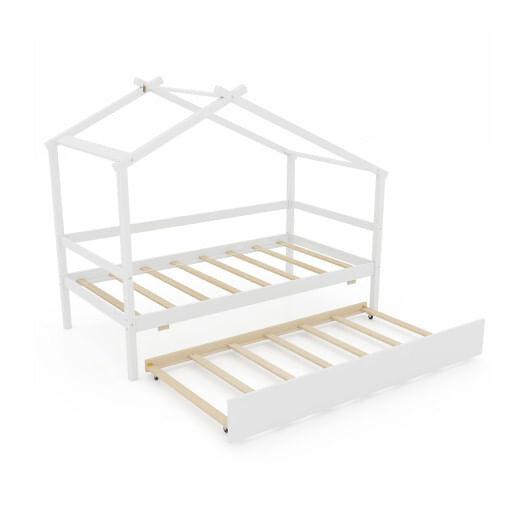 Kids Twin Size House Bed with Trundle and Roof-White B593-HU10869