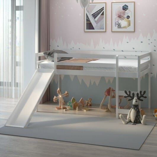 Twin Size Low Sturdy Loft Bed with Slide Wood-White - Color: White D681-HW64315WH