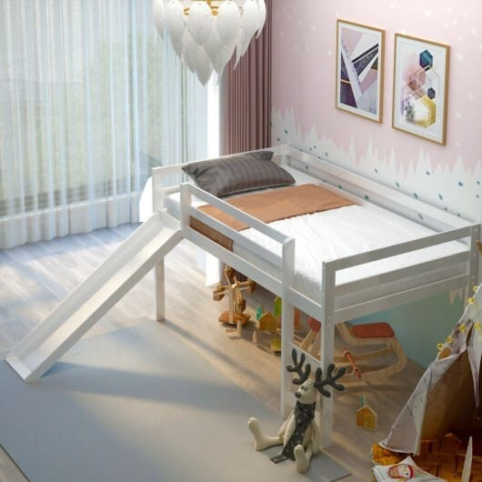 Twin Size Low Sturdy Loft Bed with Slide Wood-White - Color: White D681-HW64315WH