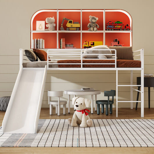 Twin Metal Loft Bed with Slide Safety Guardrails and Built-in Ladder-White - Color: White D681-HU10160WH