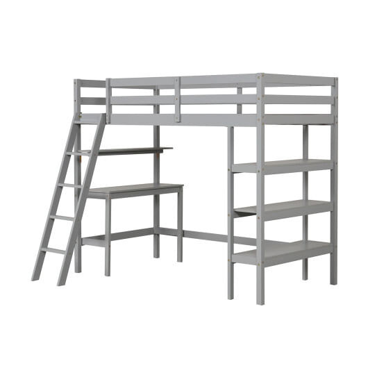 Twin Size Loft Bed with Desk and Bookshelves for Kids and Teens-Gray B593-HU10646+
