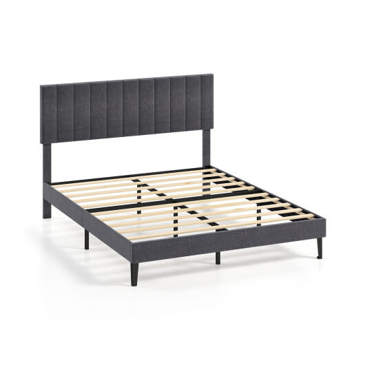 Velvet Upholstered Platform Bed with Height Adjustable Vertical Channel Headboard-Full Size - Size: D681-HU11141US-FGR