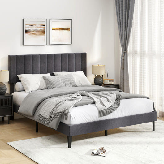 Velvet Upholstered Platform Bed with Height Adjustable Vertical Channel Headboard-Full Size - Size: D681-HU11141US-FGR