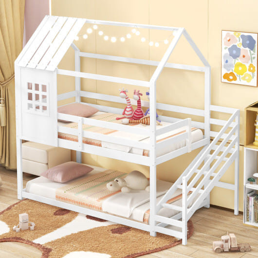 Twin House Bed with Stairs and Roof for Kids-White - Color: White - Size: Twin Size D681-HU10799WHT+