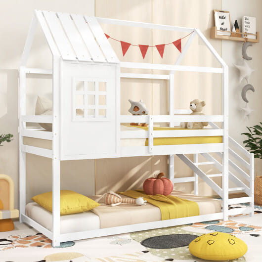 Twin House Bed with Stairs and Roof for Kids-White - Color: White - Size: Twin Size D681-HU10799WHT+