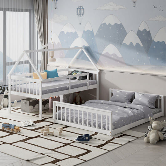 Twin Over Full House Bunk Bed with Ladder and Guardrails-White - Color: White D681-HU10394WH+