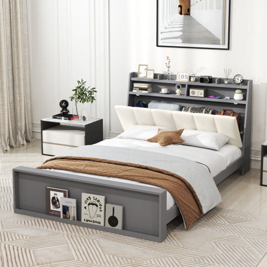 Full Size Bed Frame with Storage Modern Platform Bed with Headboard-Full Size B593-HU10969GR+