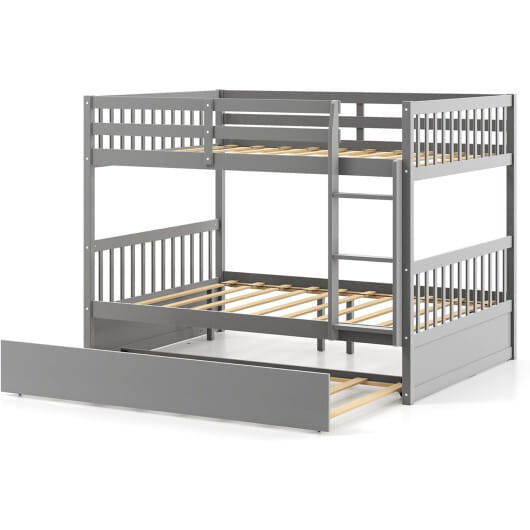 Full over Full Bunk Bed Platform Wood Bed with Ladder-Gray - Color: Gray D681-HW65358GR+